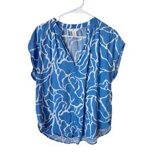 HM Womens Blue White Abstract Print Split V-Neck Cap Sleeve Blouse Size M